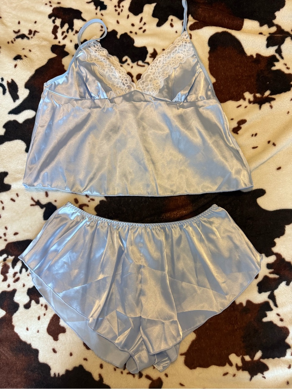 Silky Light Blue Lace-Trim Cami and Shorts Set - Women’s Sleepwear